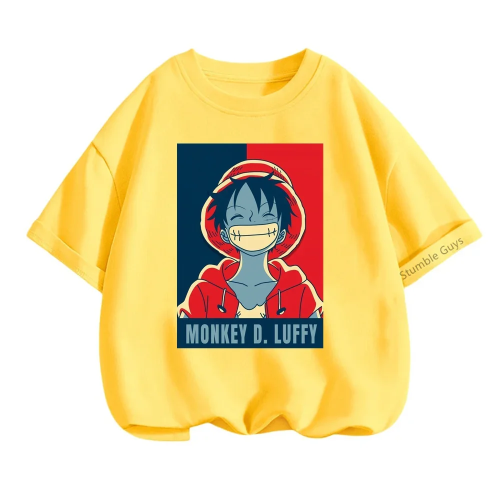 Anime Luffy T-shirt Children Summer Summer One Pieces Short Sleeve Teen Streetwear Cool Boys Clothes Girls 3-14 Years Kids Tops