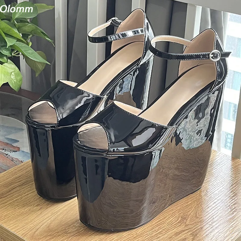 

Olomm Handmade Women Platform Sandals Ultra High Wedges Heels Peep Toe Elegant Black Club Shoes Ladies Size 5-15
