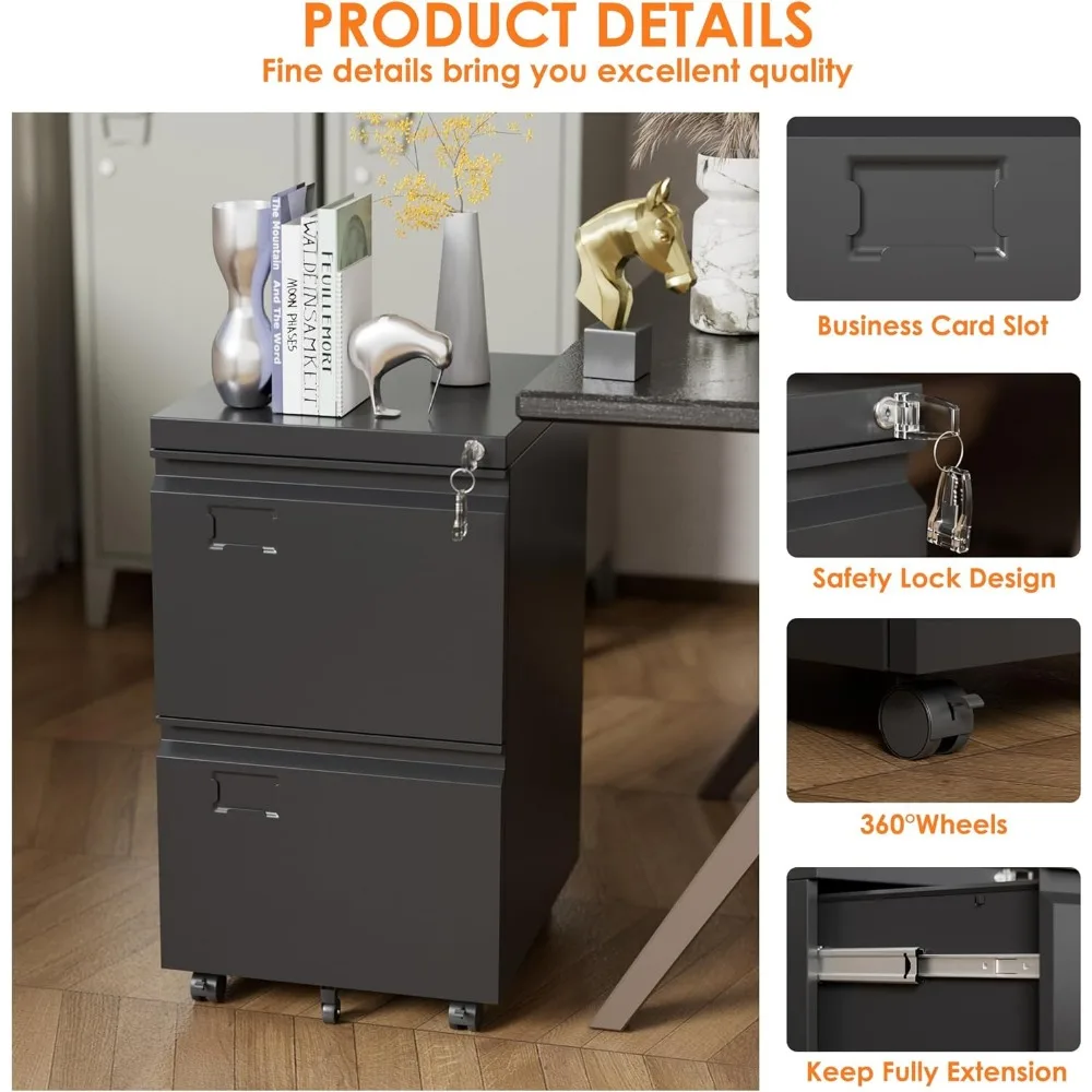 Home Office Metal File Cabinet with Lock, 2 Drawer Mobile Storage, Letter/Legal Size Filing, Desk-Underneath Organizer with Name