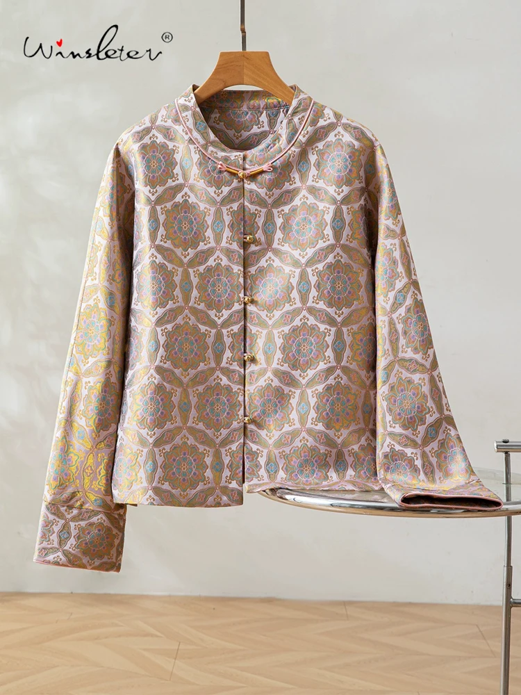 

Winsleter-100%Real Silk Song Brocade Elegant Coat, O Neck Button, Women Retro Temperament Chic Loose Coat, 2025 Autumn C5N142CC