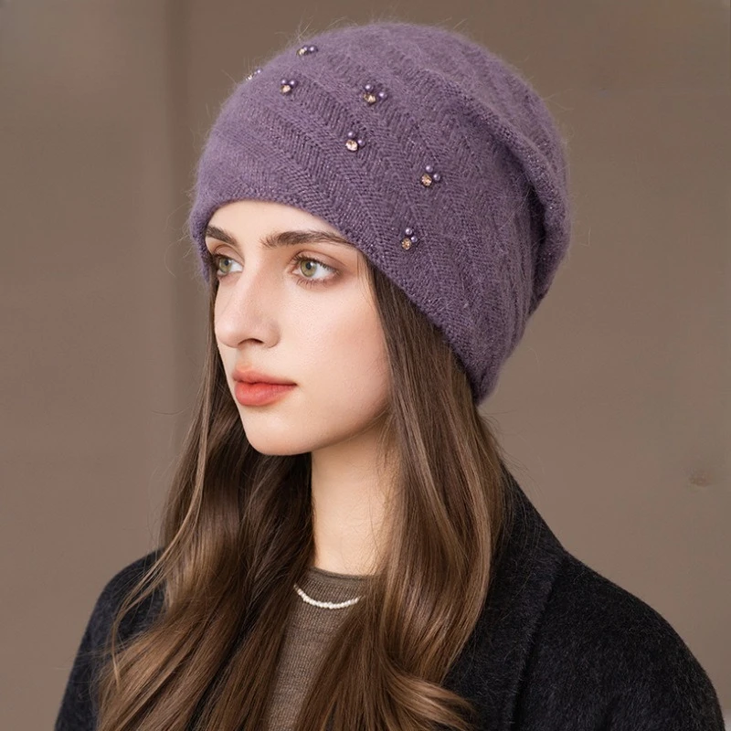 European and American Winter New Twill Rabbit Fur Knitted Stacking Hat Versatile Thickened Ear Protector Cover Thermal Cap