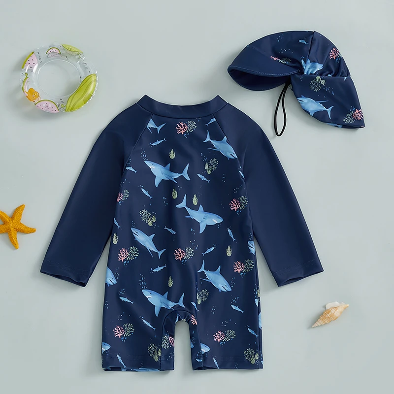 Summer Toddler Boy Rash Guard Swimsuit Shark Print Long Sleeve Half Zip-up Bathing Suit with Sun Hat 2 Pcs Boys Swimwear Set