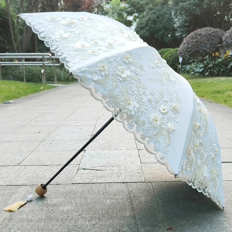 

High Quality Pearl Embroidered Lace Dual Folding Black Coating Anti UV Protection Princess Sun Umbrella
