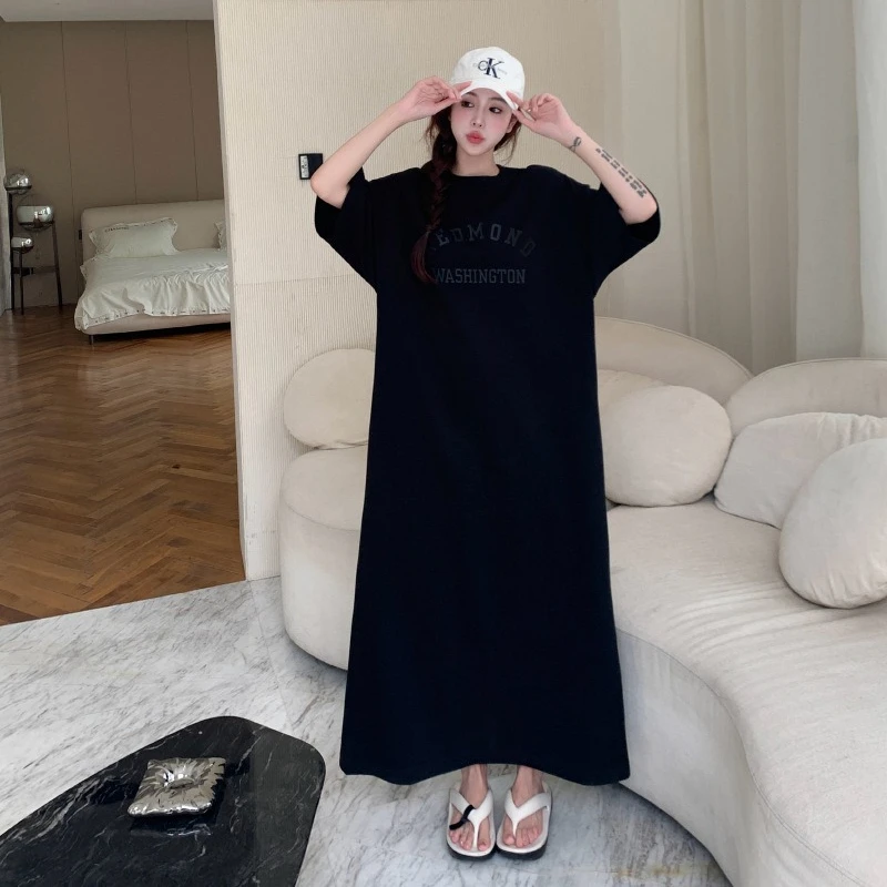 

150kg Oversized Women Long Nightgowns Summer Short Sleeve Nightshirts O Neck Full Length T-Shirts Dress Homewear Can Be Outwear