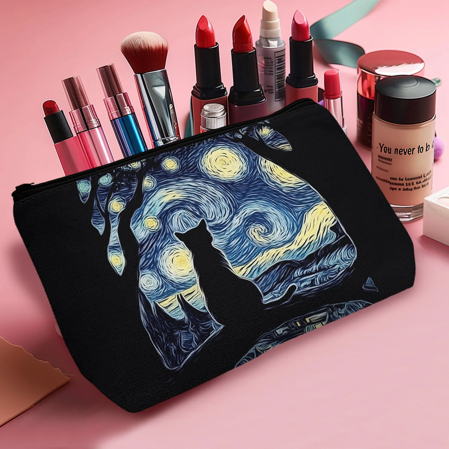 1Pc Van Gogh Starry Night Design Cosmetic Bag With Black Cat Makeup Pouch With Zipper Multi-Functional Travel Organizer A