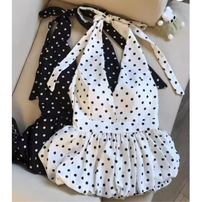 Backless Sexy Halter Beach Babydoll Crop Tops Women Polka Dots V Neck Sleeveless T Shirt Ruffles Basic Tee Not-Padded Pad Casual