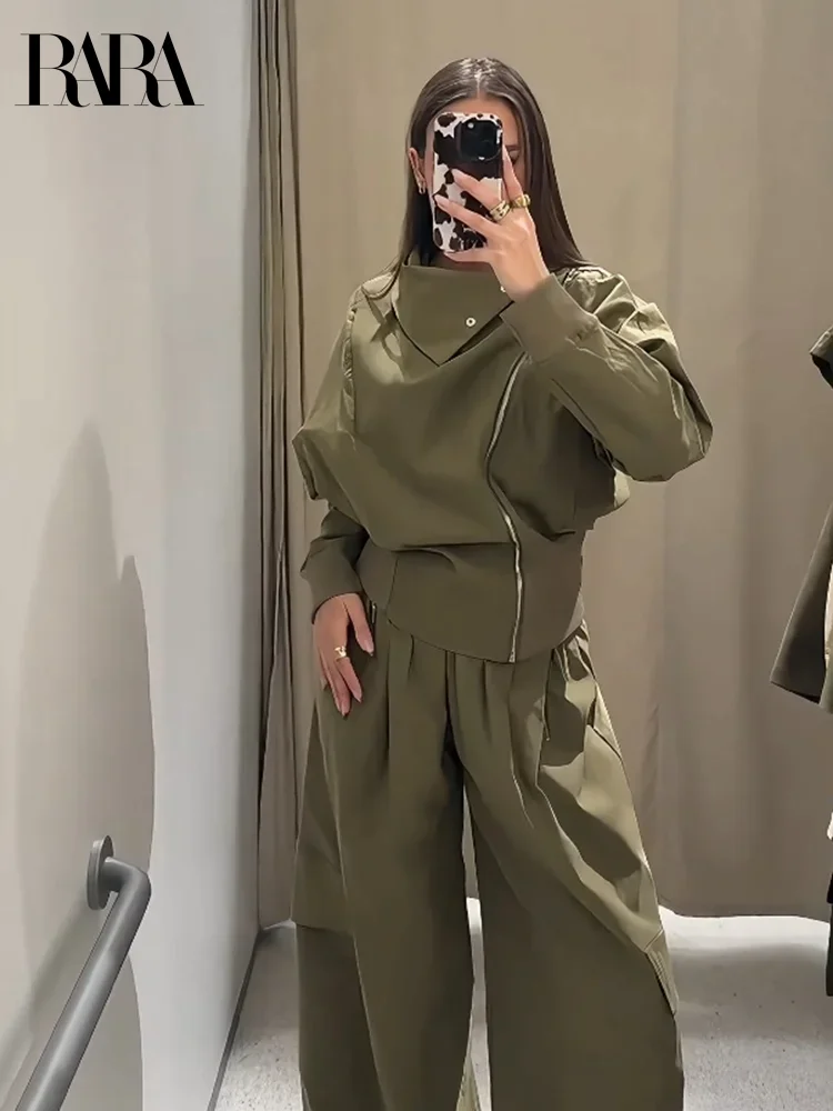 2025RARA nouveau femme chauve-souris à manches longues col montant simple veste plissée décoration taille haute pantalon ample costume