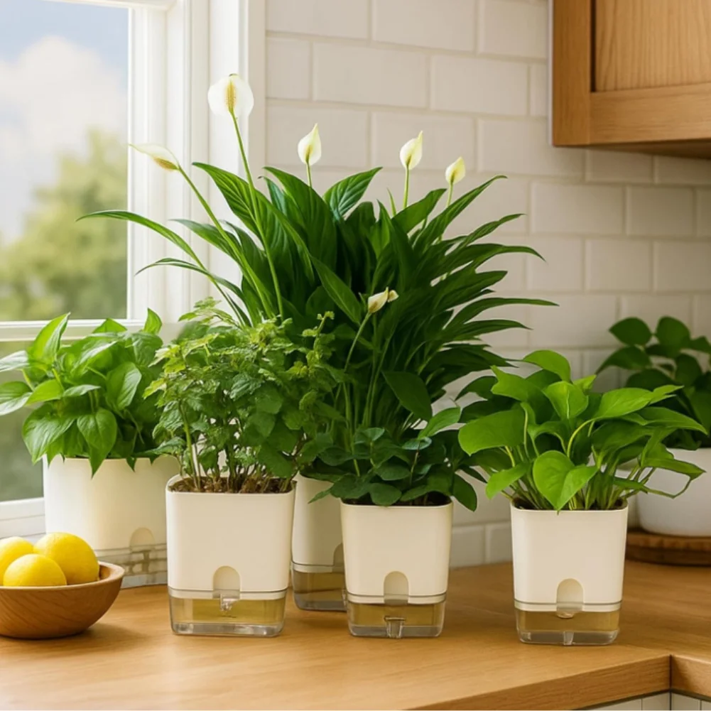 Self Watering Resin with Clear Base for Indoor Plants PP Material Easy Cleaning Detachable Design 18x17x16.5cm