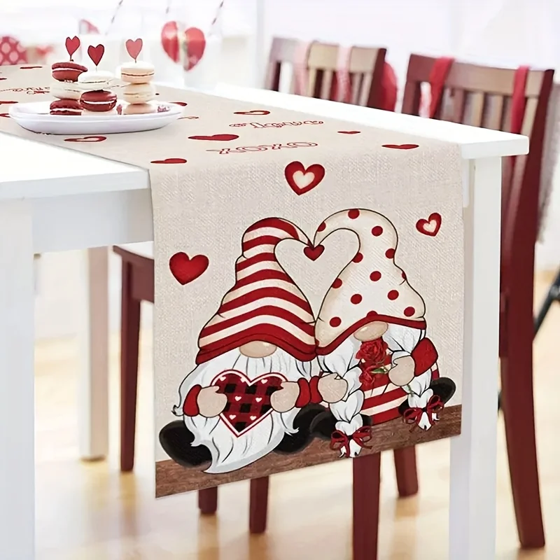 

1 Piece Valentine's Day Gnome Couple Table Runner - Red Heart Design, Suitable for Dinner Parties,