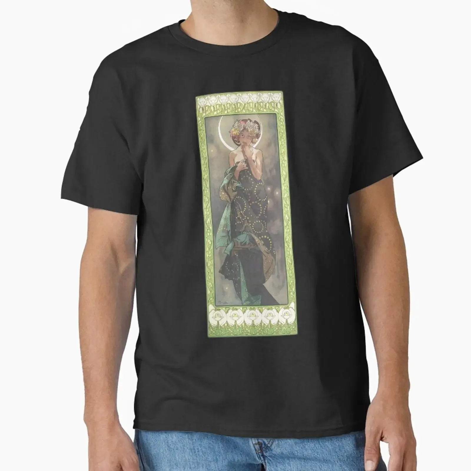 The Moon by Alphonse Mucha HIGH DEFINITION designed and sold MINDTHECHERRY vintage Washed Casual designer clothes Breathable