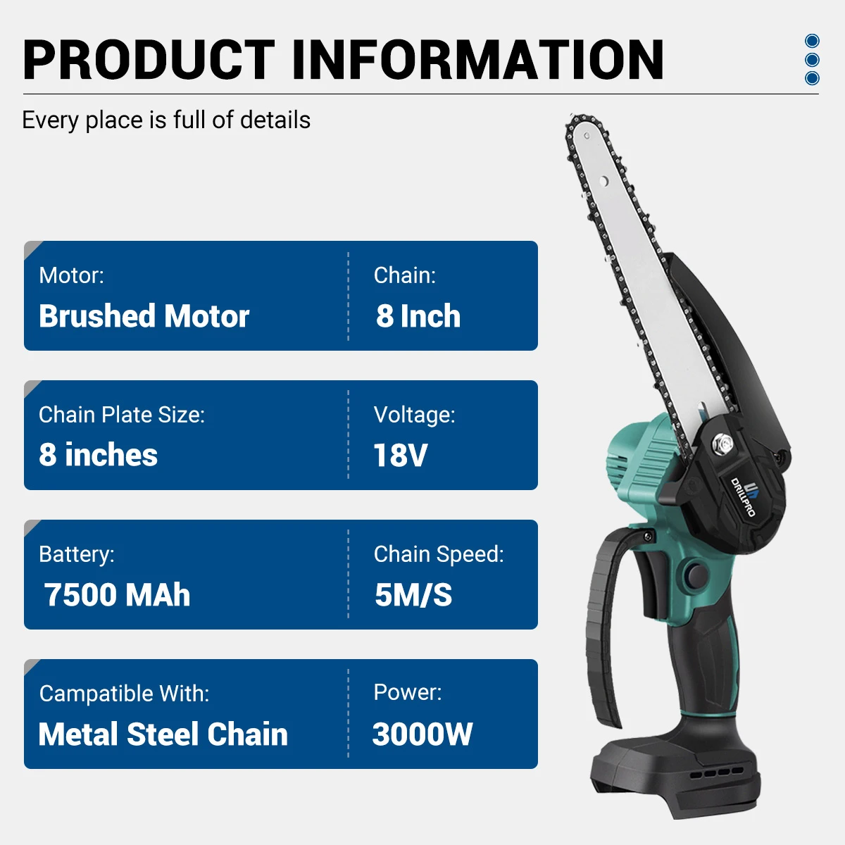 Drillpro Electric Cordless Chain Saw 3000W 8-inch Brushless Motor High-Speed Cutting Tool Compatible For Makita 18V Battery