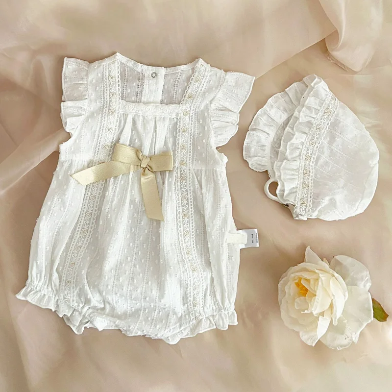 2Pcs Summer Baby Jumpsuit Hat Cotton White Lace Baby Girl Clothes Ruffle Sleeves Infant Romper for Girls Outfit Toddler Onesie