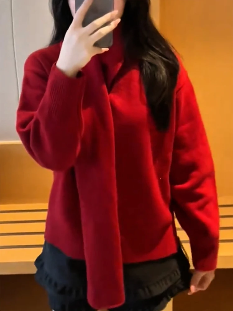 

Ele Red Knitted Sweater plus Size Versatile Slimming Top for Women Autumn Winter New Arrival Comfortable Warm Camere