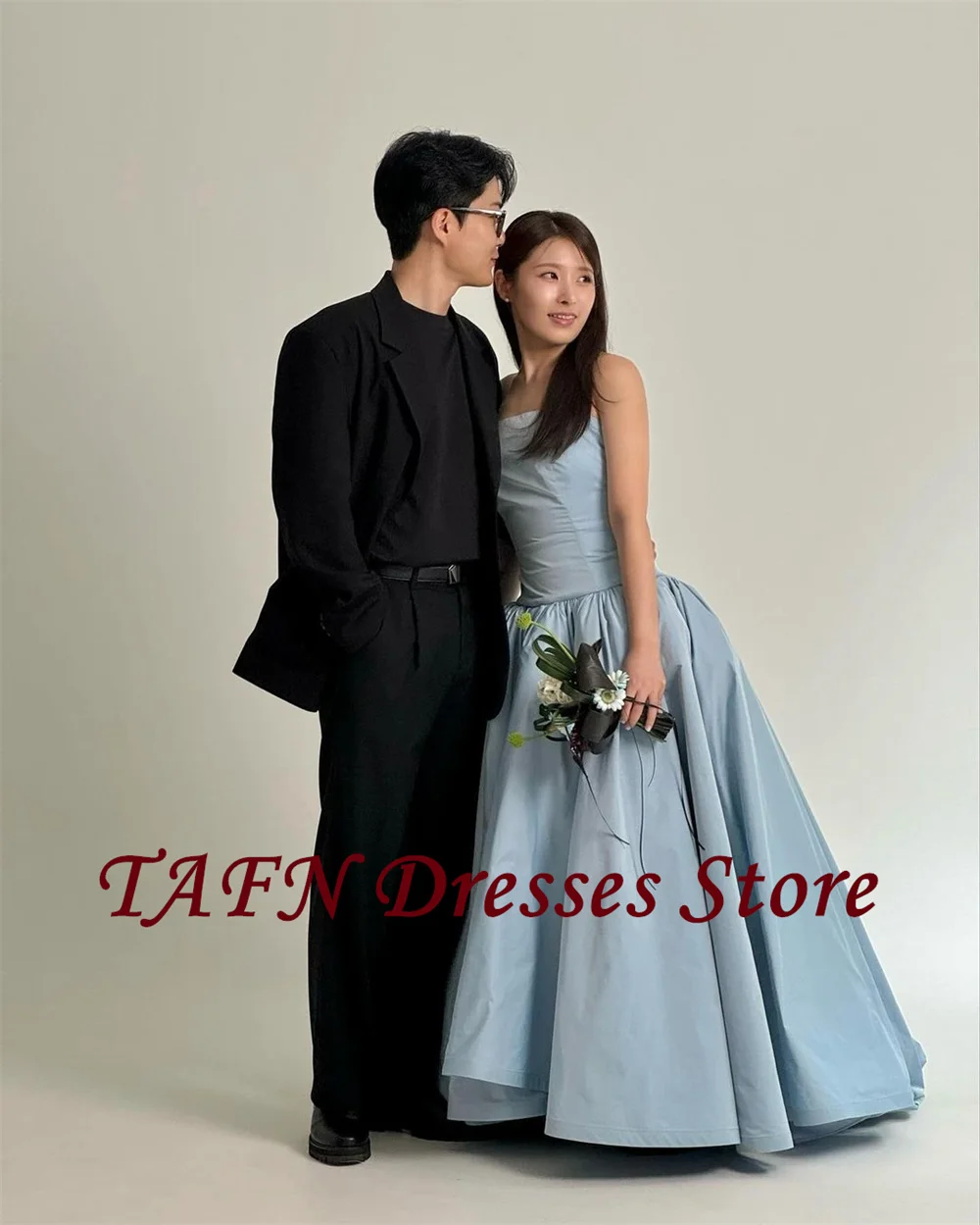 TAFN 2025 New Korea Wedding Shooting Dresses Strapless A-line Sleeveless Blue Bridal Gown Simple Elegant Reception Dresses