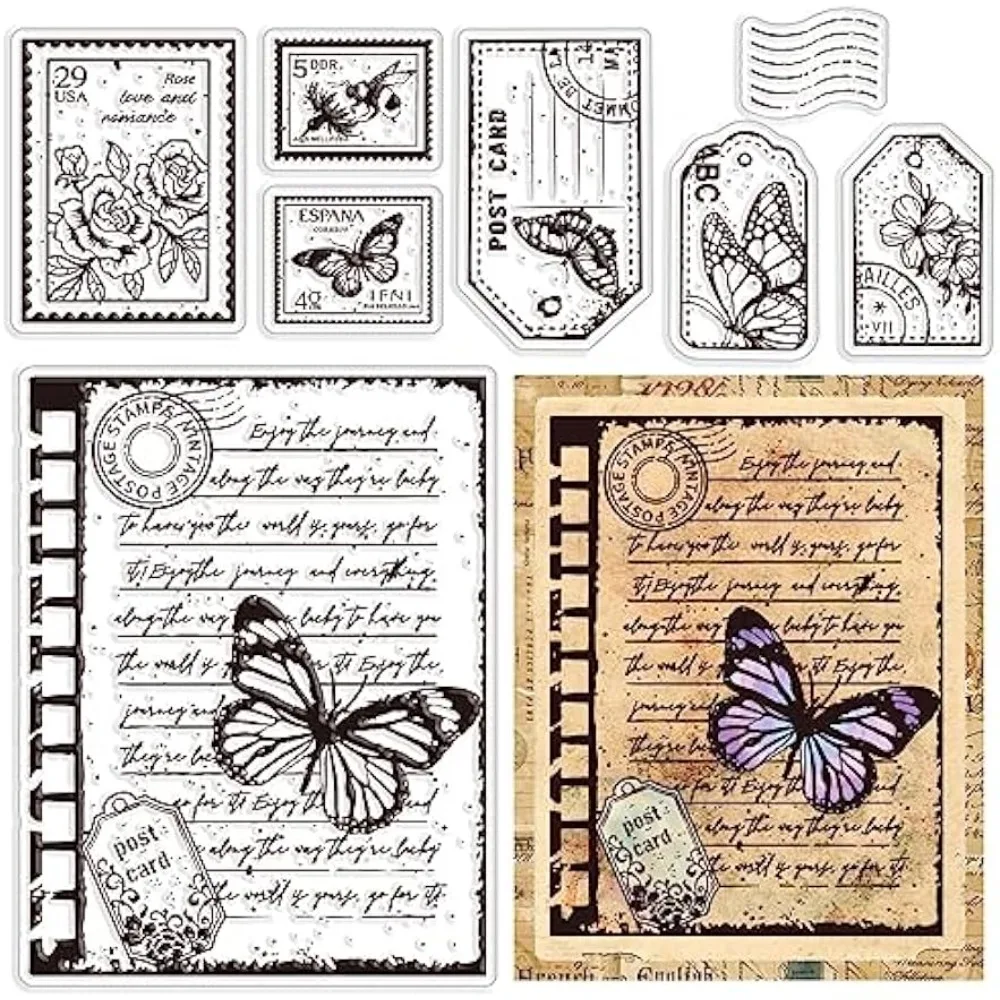 Vintage Butterfly Text Clear Rubber Stamps Flowers Postage Reusable Silicone Transparent Seals for Journaling Card Making Friend