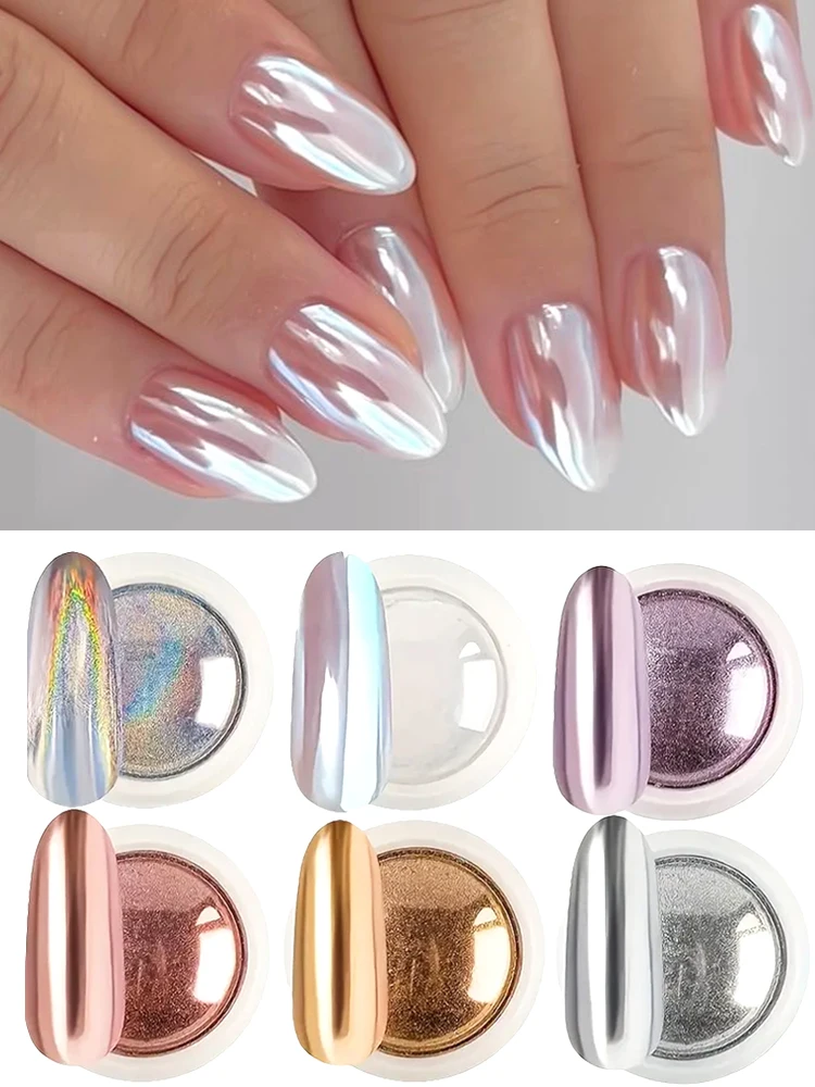 6 szt. Chromowany Biały Puder do Paznokci Pigment Złoty Srebrny Holograficzny Efekt Aurora Opalizujący Metaliczny Puder do Zdobienia Paznokci — 2