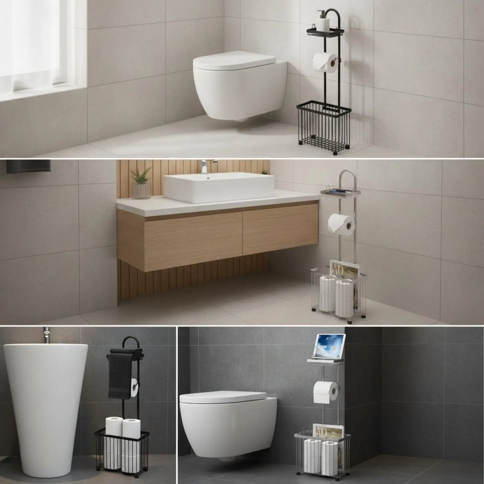 Toilet Paper Holder with Shelf and Basket Metal Toilet Paper Holder Stand with Storage Basket Space-Saving for Washroom, Powder