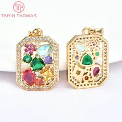 (7679) 2PCS 15x22MM 24K Gold Color Brass with Glass Square Charms Pendants High Quality DIY Jewelry Making Findings Accessories
