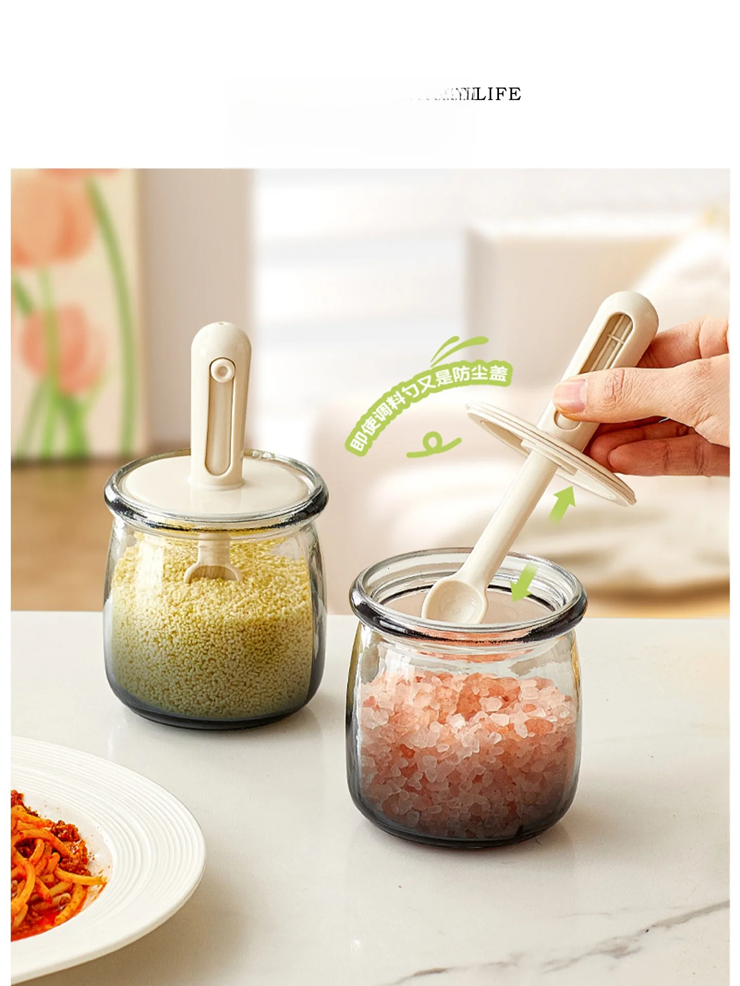 

Tlife Aesthetic Glass Seal Storage Jar with Spoon Lid Inteated Moisture Proof Kitchen Home Use Cylindrical Spices Container