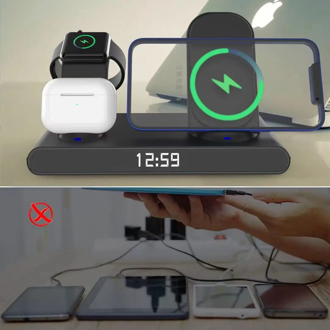 Hot Selling 3 in 1 Wireless Charger 15w Wireless Fast Charging With Clock Charger Stand Wireless Mobile Phone Charger