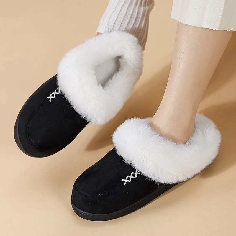 Fluffy Furry Flat House Slippers Women Closed Toe Plush Lined Cotton Shoes Woman Winter Cozy Warm Indoor Home Slippers with Fur