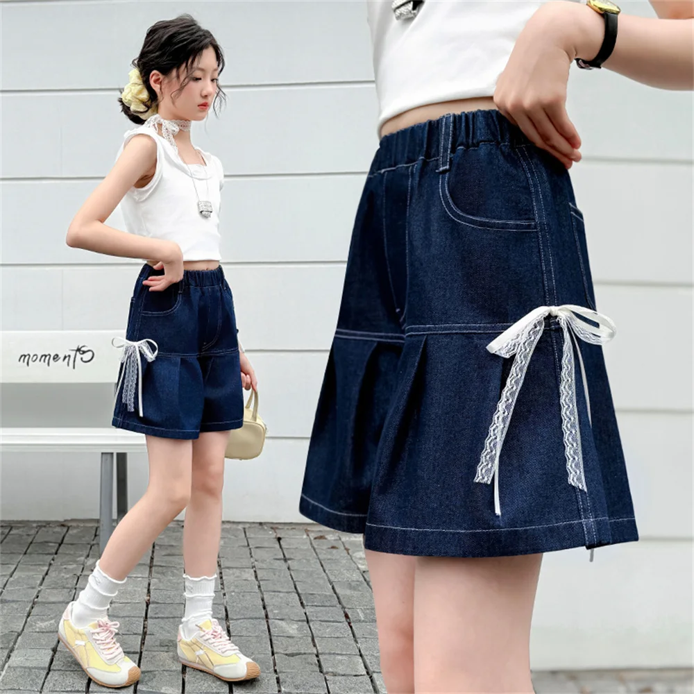 Luxury Kids Design High Quality Children Fashion Pleated Denim Shorts with Lace Bow for Girls Vintage Dark Blue Summer Shorts