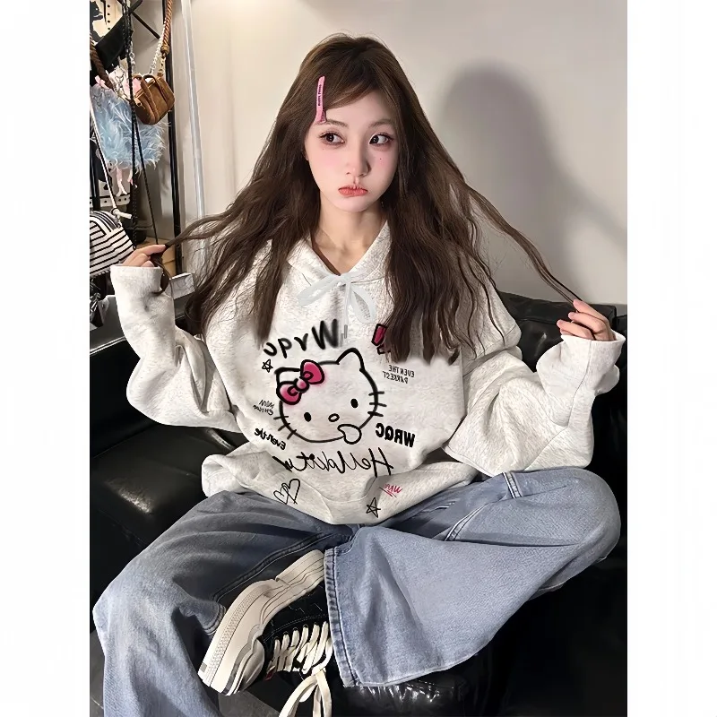 

Осенний бело-серый модный топ с капюшоном HelloKitty с 3D-принтом, новый свободный и универсальный, быстросохнущий, с капюшоном