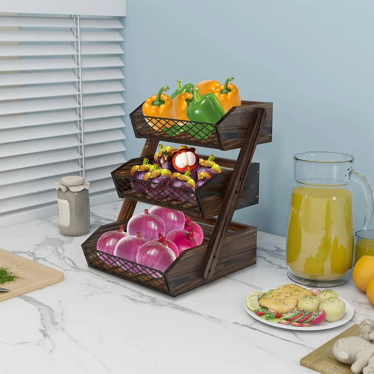 Fruit Basket for Kitchen, 3 Tier Fruit Bowl for Kitchen Counter,Wooden Vegetable Holder for Countertop