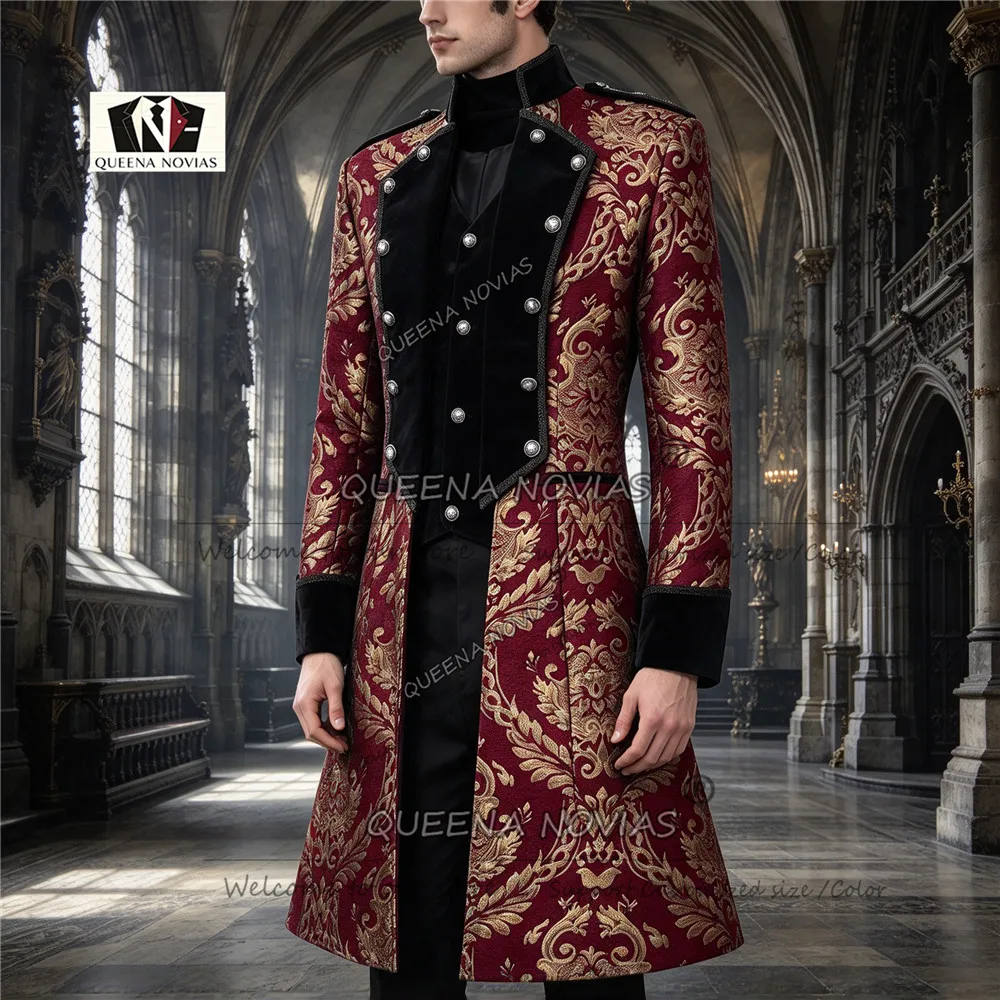 Classic Jacquard Print Suit Men For Wedding Victorian Tailcoat Men Gothic Style Long Jacket Vest Pants 3 Pieces Costumes Hommes