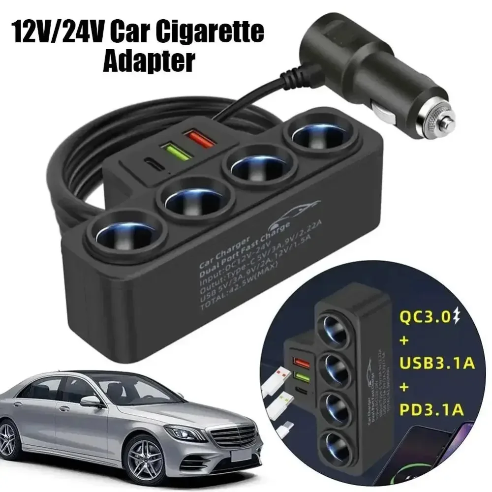 12V/24V Car Cigarette Lighter Adapter New 4 Sockets 3.1A Charger USB Car USB+QC3.0+PD3.1A Accessories 120W Power Socket