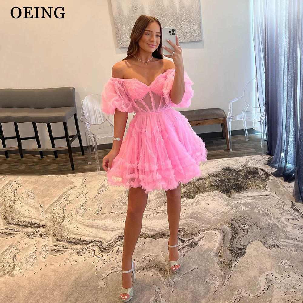 

OEING Princess Pink Prom Dresses Fairy Off The Shoulder Mini Celebrity Party Dress Formal Evening Gowns Summer Vestidos De Gala