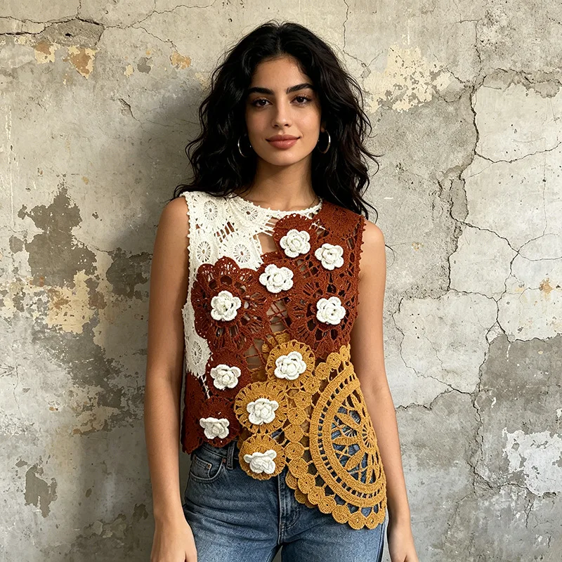 ZAMOR HIGH STREET Women's 2026 New Bohemian Heavy-Duty Crochet Vest Round Neck Sleeveless Color Block Irregular Hem Hollow Top