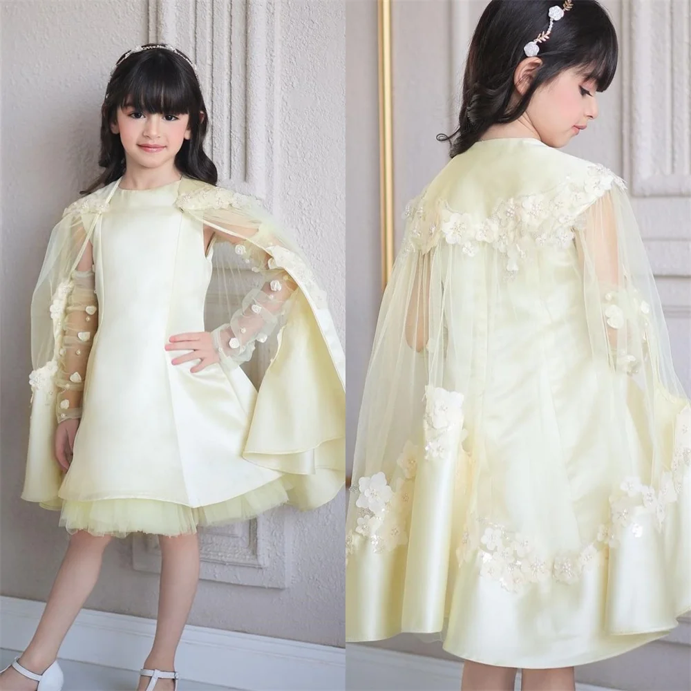 

Flower Girl Dress Dearin Scoop Neckline A-line Knee Length Skirts Draped Tulle Stole Applique Dresses