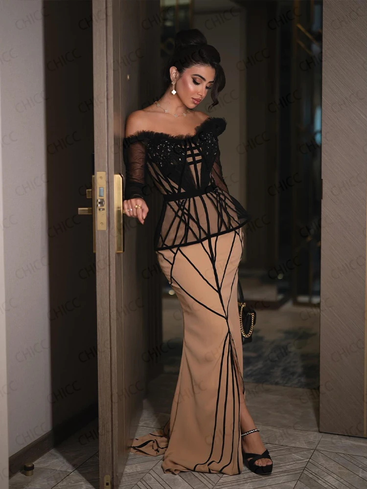 Elegant Black Evening Dresses Off Shoulder Long Sleeve Prom Dress Mermaid Feather Wedding Guest Dress Customized robes de soirée