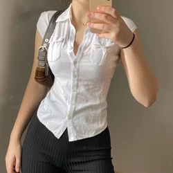 MEXZT Y2K Slim T Shirt Women Button Pockets Crop Top Harajuku Korean Fashion Lady Casual Basic Skinny Short Sleeve Tee Cardigans