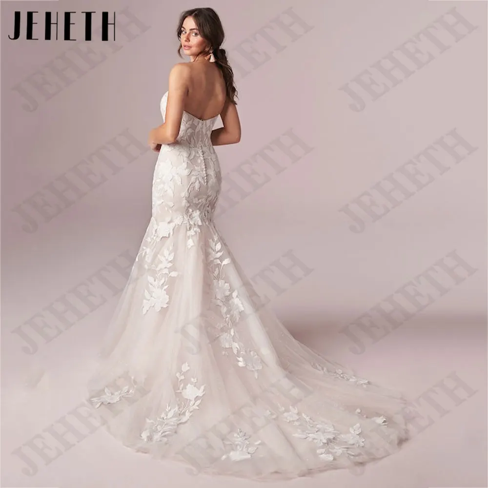 JEHETH Strapless Sereia Apliques Vestidos de Casamento Sweetheart Neck Backless Vestidos de Noiva Sem Mangas Voltar Botões robes de mariéeJEHETH Strapless Sereia Apliques Vestidos de Casamento Sweetheart Neck Backless