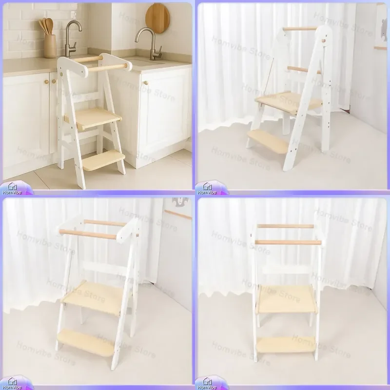 Wooden Learning Tower for Kids Foldable Step Stool Baby Kitchen Helper Chair Multifunctional Children Footstool Toddler