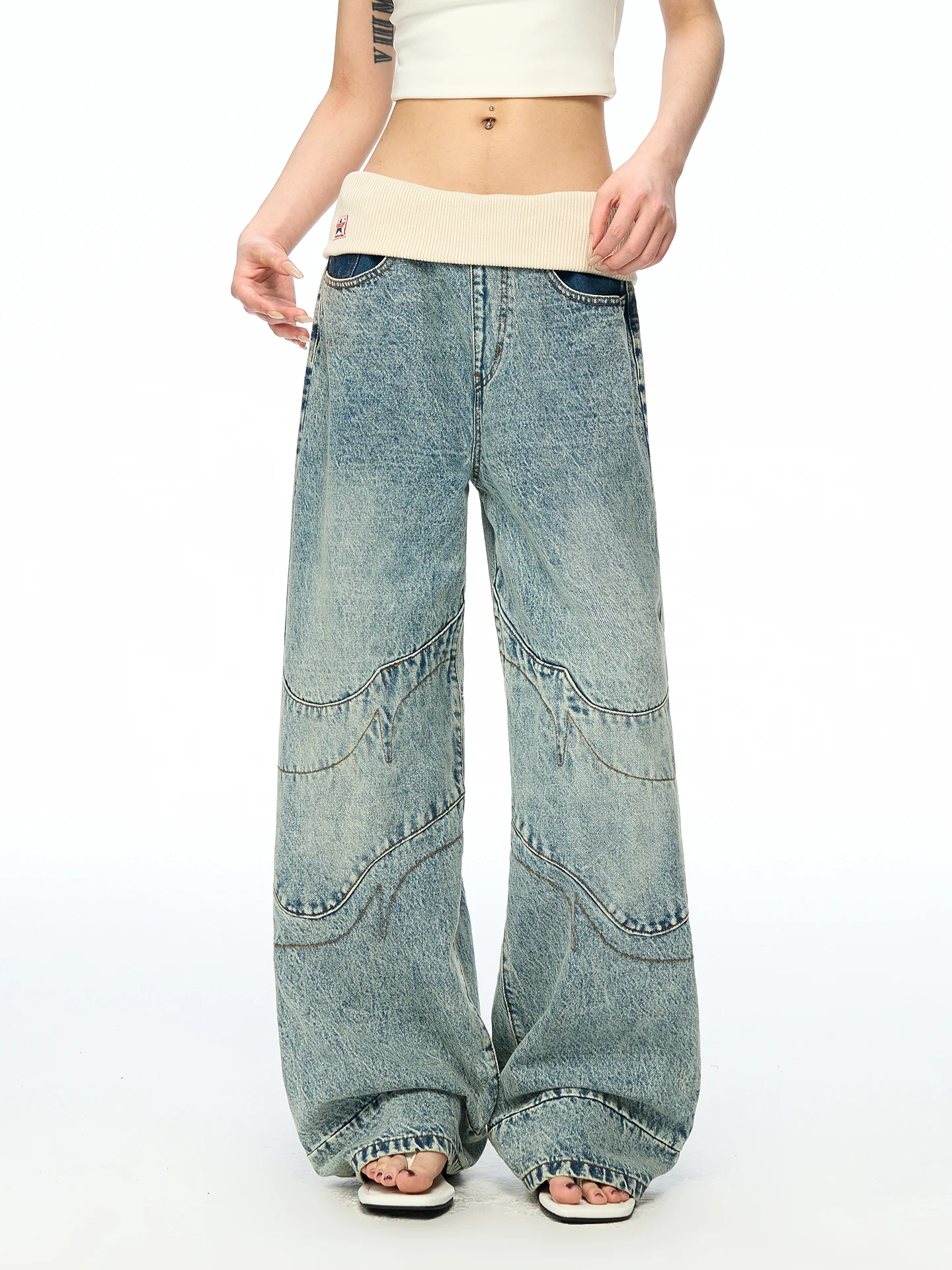Aaisup American Style Splicing Jeans Women's Loose Slimming Wide Leg Knife Pants Summer Design Sense Natural Waist Cotton