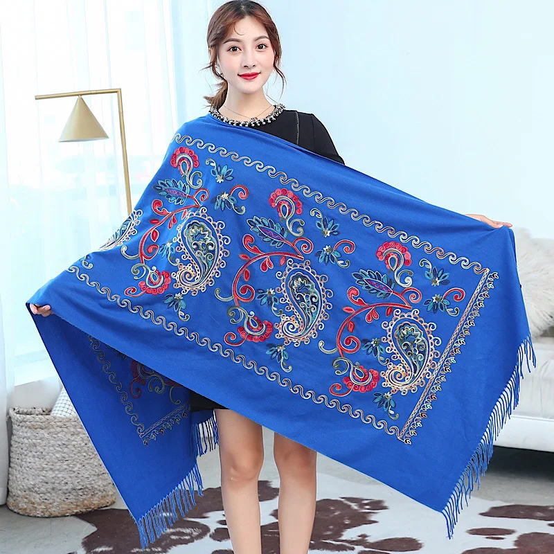 

Poncho Cloak Embroidered Flower Scarf Imitation Cashmere Shawl Ethnic Style Tourism Cloak Warm and Wind Flowing Su Girl Blue