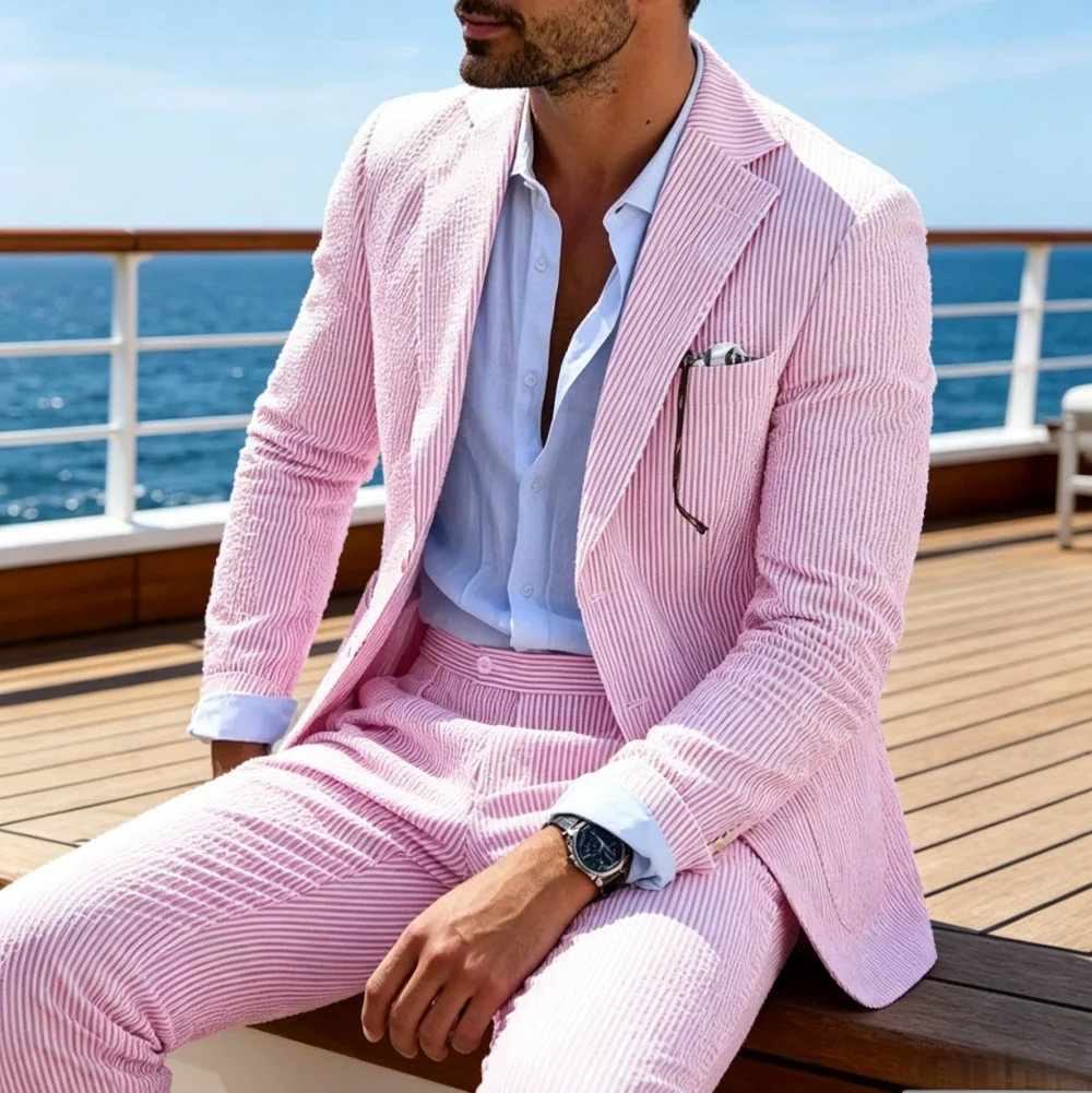 

Men's Suits Seersucker Summer Suits Single Slim Fit Breasted Casual Suit for Wedding (Blazer+Vest+Pants)