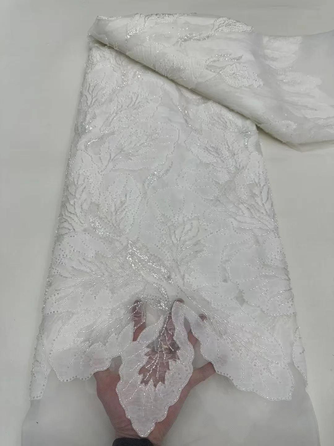 Luxury African Chiffon Beaded Lace Fabric 2025 High Quality Orange Bride Nigerian French Tulle Lace Fabric Wedding Dress