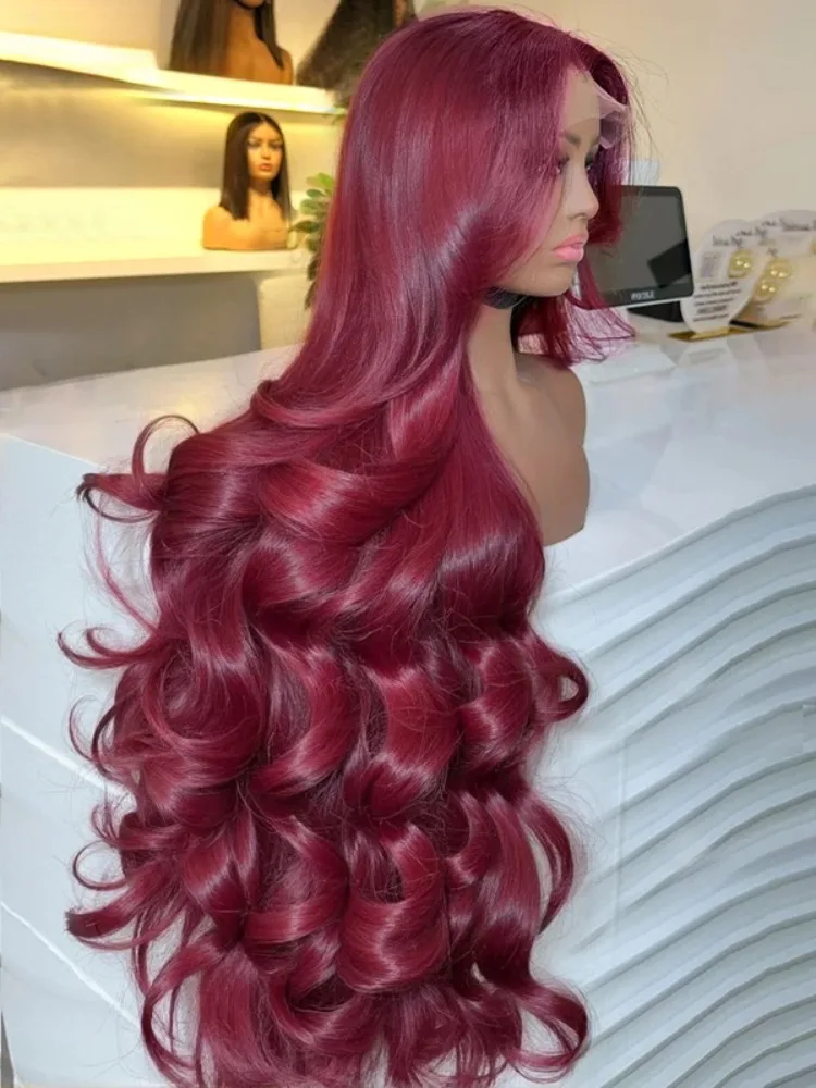 

99j бордовый 13x6 Парик Фронта Шнурка Человеческие Волосы 200 Плотность Объемная Волна 30 36 Дюймов Красный Цвет Свободные Волны 13x4 Парики Фронта Шнурка