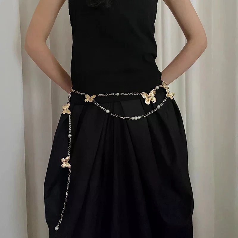 Fashion Multilayer Imitation Pearl Butterfly Waist Chain Women Retro Bohemian Ethnic Style Body Chains Dress Accessories Gifts