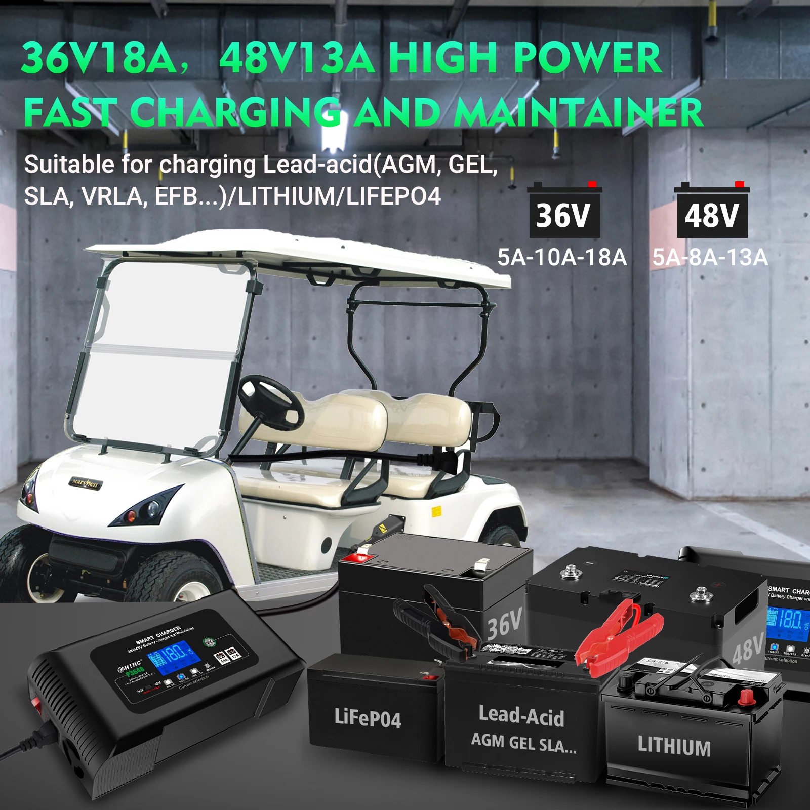 HTRC 36V-48V 18A Golf Cart Battery Charger for EZGO TXT Club Car AGM GEL LiFePO4 Lithium Smart Lead Acid Battery Repair Charger