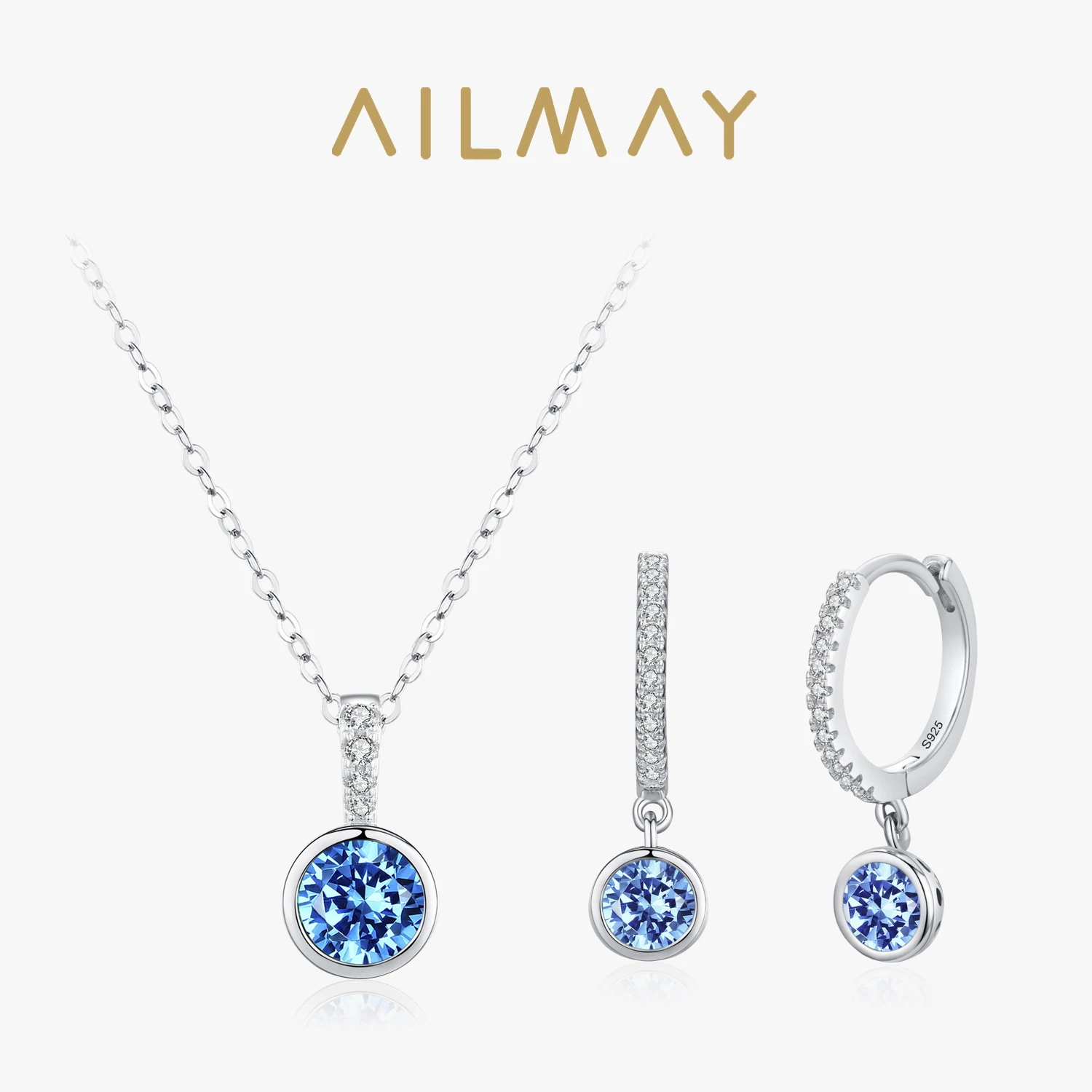 

Ailmay 925 Sterling Silver Elegant Blue Zirconia Jewelry Set Luxury Necklace & Hoop Earrings For Women Romantic Wedding Jewelry