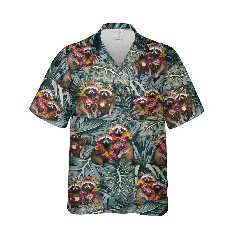 Funny Animal Raccoon 3D Print Beach Shirts For Men Procyon Lotor Lover Short Sleeve Bear Lapel Blouse Hawaiian Boy Button Tops