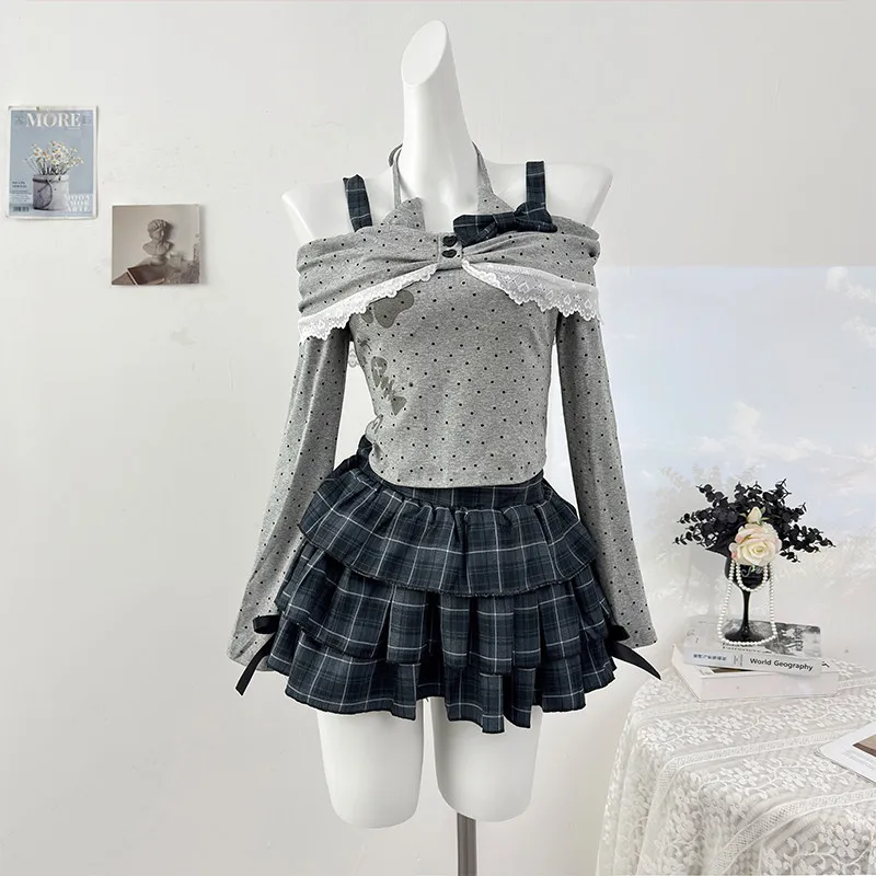 

Women's Spring Sweet Two Piece Set Irregular Lace Splicing Polka Dot Off Shoulder Strap T-shirt+Checkered Puff Cake Skirt