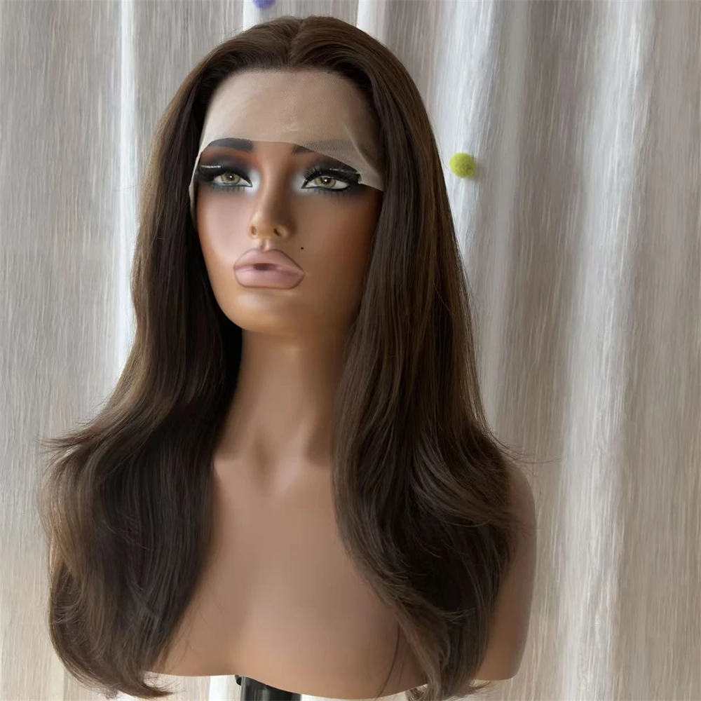 Chocolate Brown Highlights Synthetic HD Lace Front Wig Mixed Human Hair Glueless Preplucked Hairline Party Daily Cosplay Wear