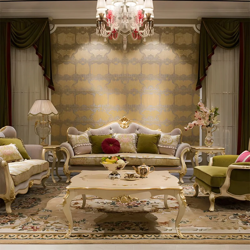 !@Living Room Furniture Leather Antique Sofa Set Home Furniture Classical Wooden Carved Fabric Wood French Royal Luxury Sofa Set