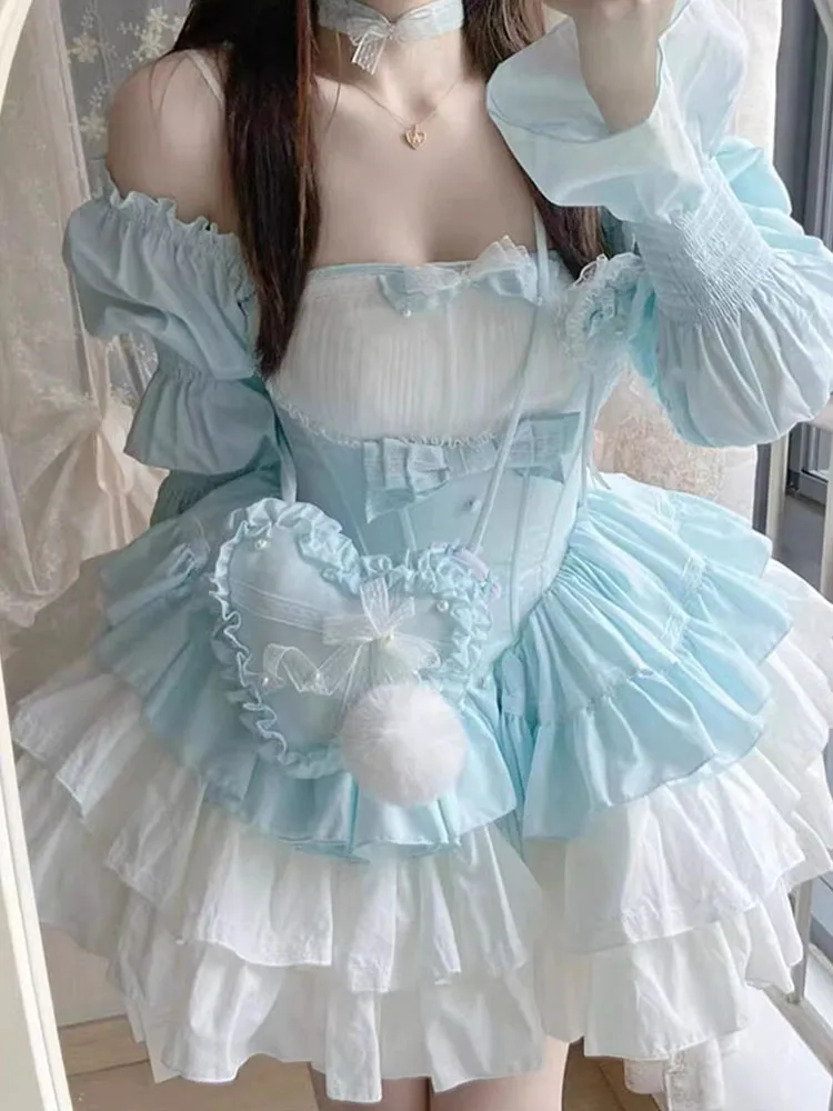 French Sweet Puff Sleeve Wooden Ear Lolita Pettiskirt Women Ballet Style Waist-Controlled Long Sleeves Birthday Dress